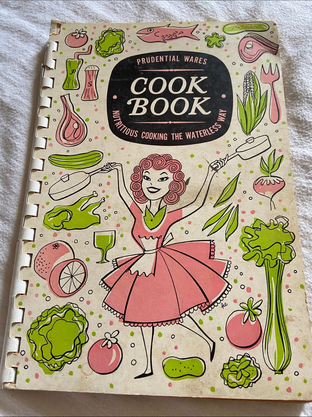 Vintage 60s 1960s Retro Prudential spiral Cookbook Pink Green Illustrated Cover
